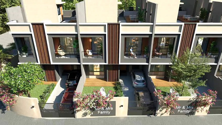 Villa courtyards and parking seen from above (artist's impression)