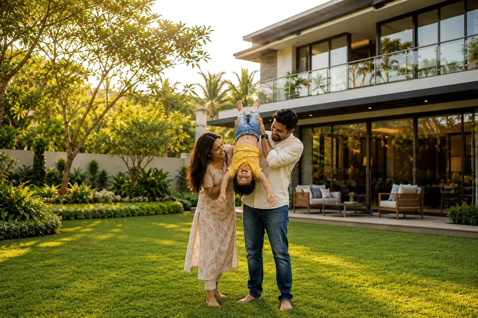 Family on the lawn in front of their villa