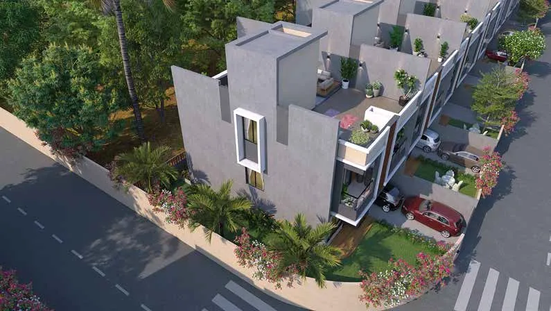 Aerial view of AshokVillas row villas with terraces and planted balconies (artist's impression)